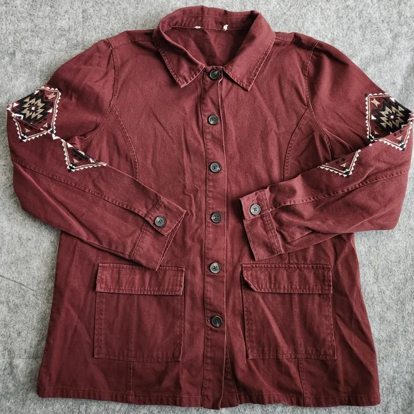 Peach Love California Southwestern Blouse Top Women's S Burgundy Red Pockets - Picture 2 of 7
